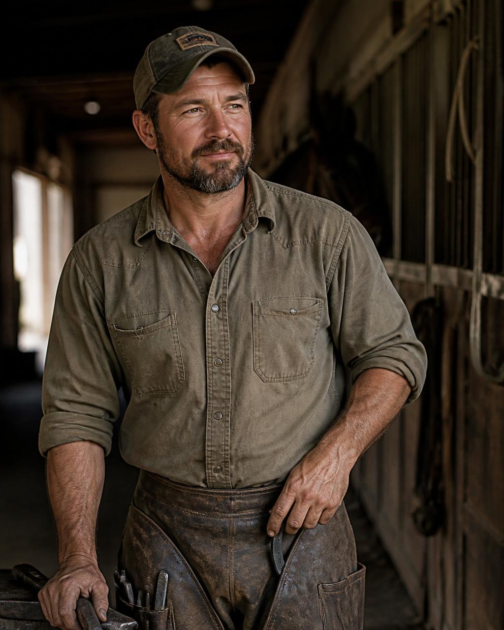 Bradley, owner of Rogue Valley Hoof Care, in a barn aisle